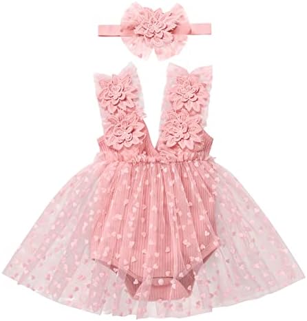 Новороденче девојче 1 -ви роденденска облека чипка тулм ромпер фустан со цветни ленти за торта за торта со фото -реквизити