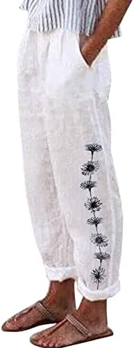 Женски памучни постелнини обични панталони опуштени вклопени цветни печати директно панталони еластични панталони за половината на половината