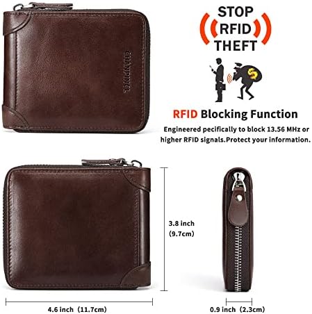 Chanpincl Mens Guinine Leather Zipper Capper RFID Безбеден голем капацитет со двојно преклопни кожни паричници со повеќе картички за мажи