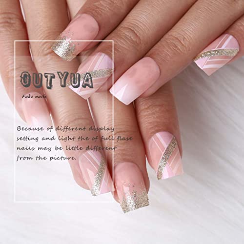 Outyua 2022 Сјајно француски печат на нокти Среден квадрат Облик Лажни нокти сјајни sequins ombre розови целосни покритие симпатични