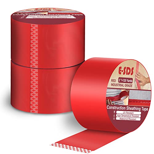 Е-SDDS градежна лента за засадување црвен 3 пакет, 3 x 120 јарди црвена куќа обвивка за обвивка за подлога на пареата за пареа лента за изолација