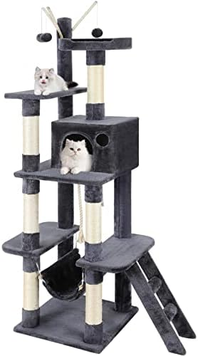 Дрво oyојо мачка, 65,5 инчи кула за мачки за затворени мачки со сила покриени со гребење, врвни перки, скалила, хамак и играчки, мачки дрвја и мебел за кондоси за мачиња ?