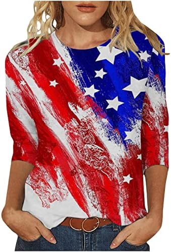 Тинејџерски девојки Американски знаме starвезда графичка кошула со брод на вратот врвови со кошули 3/4 ракав случајна есен летна