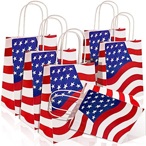 Излез 6 Парчиња Американско Знаме Патриотска Ѕвезда Тема Хартиени Кеси Крафт Торба Црвена Сина И Бела Торба За Пазарење Со