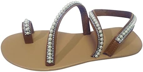 Рамен сандали на Woemn's Thong Rhinestone Pearl Рамни сандали прстени прстени на папучи од сандали за дишење на сандали на плажа чевли
