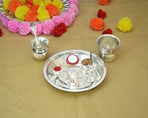 Goldgiftideas 8 inch Kalash Special Tarbhana Silver Pooja Thali Set for Home, Pooja Thali Декоративна плоча, Подарок за венчавки