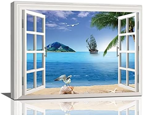 Прозорец плажа бања wallидна уметност крајбрежна палма плажа плажа сенци слики wallид декор Натуик остров платно сликарство печатење