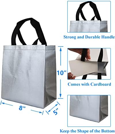 Хуан 6 Парчиња Сребрени Торби За Подароци Со Средна Големина Сјај Торби За Подароци За Повеќекратна Употреба Со Рачки Метални Сјајни Неткаени
