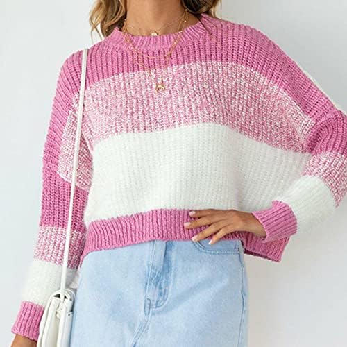 Женски џемпери за земјоделски култури обични долги ракави блок во боја, бучен плетен пуловер џемпер, тркалезен скокач на вратот