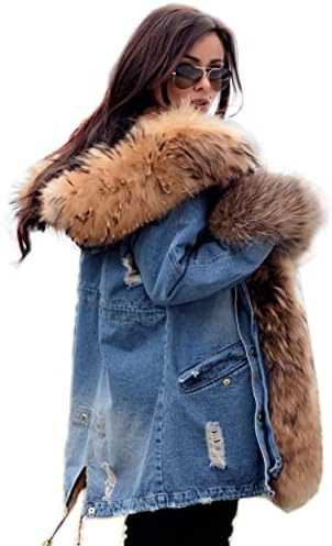 Roiii Women'sенски тексас зимски згусне задебели со крзно, плус големина парка јакна со големина S-3XL