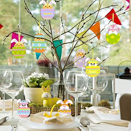40 парчиња Велигденски зајаче украси Велигден дрвени парчиња декор дрво виси знак со јаже за забава дома куќа во затворен простор