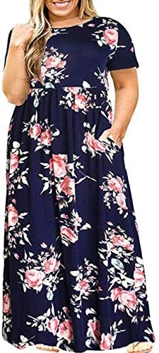 LCZIWO Women'sенски плус големина Макси фустани лабава случајна кратка ракав цветен принт маица фустан со џебови со џебови