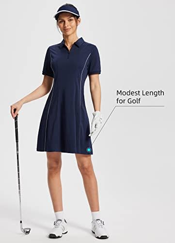 Baleafенски женски голф фустан за голф со кратки ракави Поло кошули фустан голф облека колена должина на џебови четвртина zip upf 50+