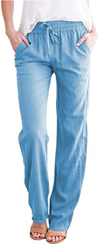 Mtsdjskf жени постелнина панталони, обичен еластичен изложен палацо фустан со памук, памучна лента со џебови за девојчиња хеланки