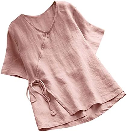 Женски памучни постелнини врвови летни кратки ракави солидна боја Туника Туника, обични тркалезни вратот проток на преголеми кошули