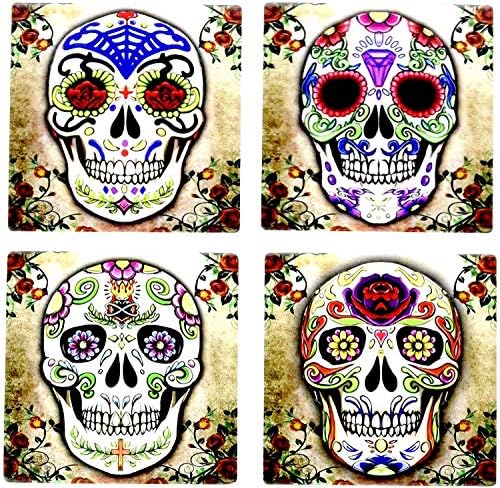 Двк Шеќер Череп Ден На Мртвите Декоративен Пијалок Абсорбента Подлоги | 4 Парче Плута Подлога Сет | Ден На Мртвите Украси | Масичка Мексикански