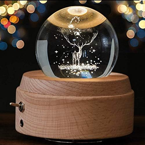XJJZS Дрвена база Кристална топка музичка кутија со проекција LED светло светло светло ротирачко музичко кутија
