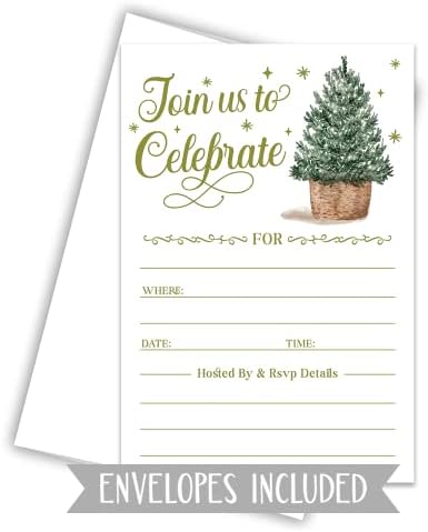 Божиќни покани - Акварелско дрво - Покани за забава со коверти - Покани за зимска прослава