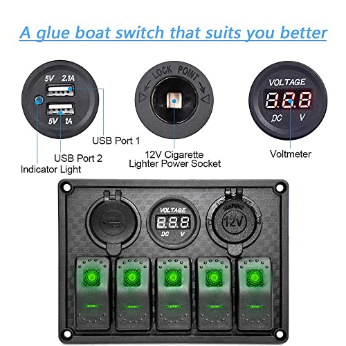 Гарфур 5 панел за прекинувач со чамци со банда, водоотпорен гумен панел, двојна 3.1A USB 12V слот Slot Socket LED Light Voltmeter Rocker