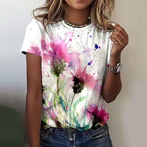 Летна есенска памучна блуза тинејџерски девојки облека кратки ракави екипаж на вратот графички врвен маичка за жени 53 53