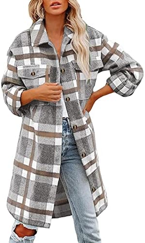 Fragarn плус големина зимска јакна женски четкани карирани кошули со долги ракави фланел лаптол копче надолу со џебни јакна палчиња