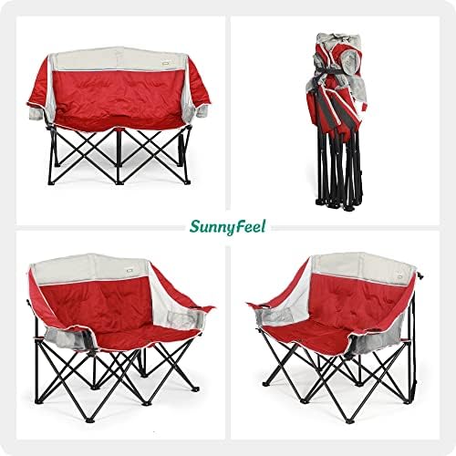 Сончево преклопување со двојно кампување стол, преносно дуо loveубовен стол, столче за преклопување на тревници со држач за чаша