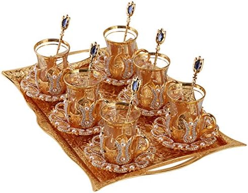 Турски чај чаши поставени со садови за простории и послужавник, украсени со кристали од типот Сваровски и бисер, 25 парчиња, 3,3 унци