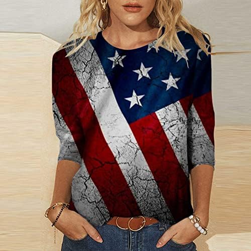 PimoxV жени 3Д американско знаме 4 -ти јули кошули Обичен ден на независноста 3/4 ракави Туника врвови потресени патриотски кошули