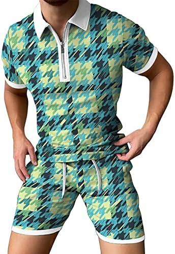 Менс 2 парчиња облека пролетни летни кратки ракави поштенски лапел за печатење Поло -тренерки поставени спортски костуми за спортски костуми
