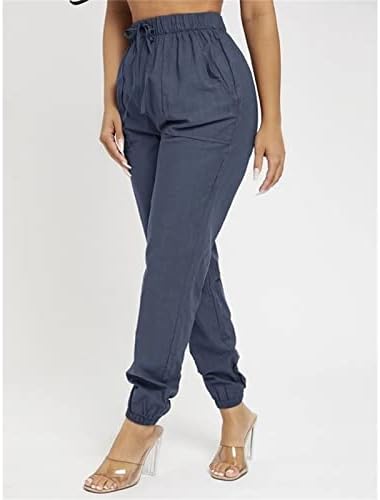 Панталони со ленени постелнини Maiyifu-GJ за жени кои влечат еластични половини затегнати панталони памучни постелнини високи панталони