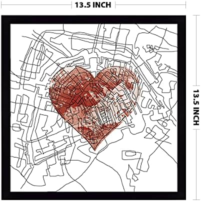 Ритвикас Апстрактна wallидна уметност на градската мапа со срце | Сликарство со рамка за декор за домови и канцеларии | Мулти обоено дигитално