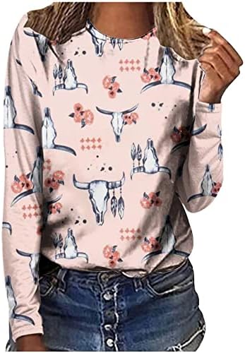 Женски гроздобер кошули за печатење Симпатични графички долги ракави џемпери на екипажот на екипажот на врвовите на лабава обична