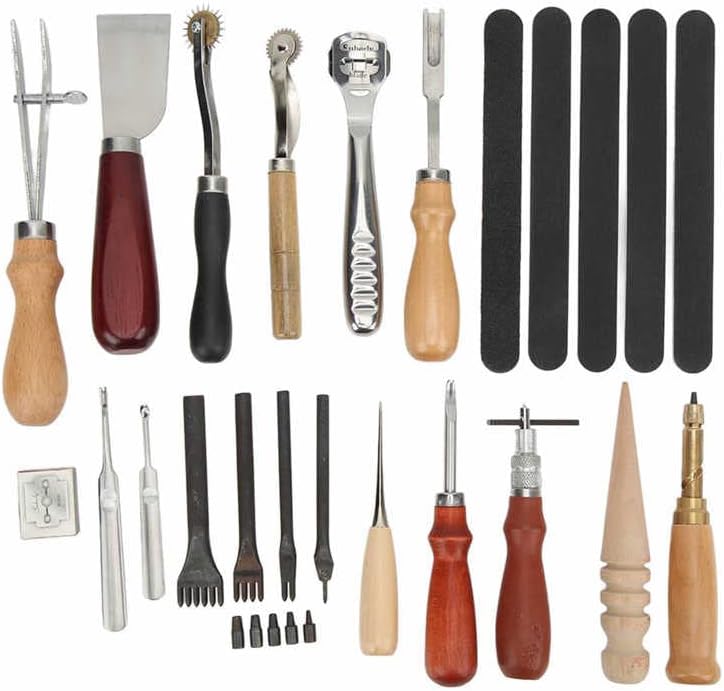Комплет за алатки од кожа од кожот, рачка за гроздобер кожен занаетчиски алатка Професионален прирачник корисен за DIY
