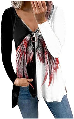 Ксиншид од врвовите на рамото за жени поштеди нагоре против вратот Ангел крило печатење Туника Исечена долга ракав од распрскувачки блузи