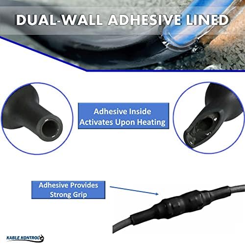 Комплет за цевки за намалување на топлината Kable Kontrol - 180 парчиња - 3: 1 Двојна wallидна лепила кабел за кабел за автомобилска, морска и електрична употреба - водоотпорна ?