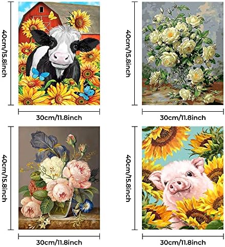 AirSnigi 4 пакет боја по броеви за возрасни почетник, сликање по комплети за броеви на платно, животни во боја на животни цвеќиња