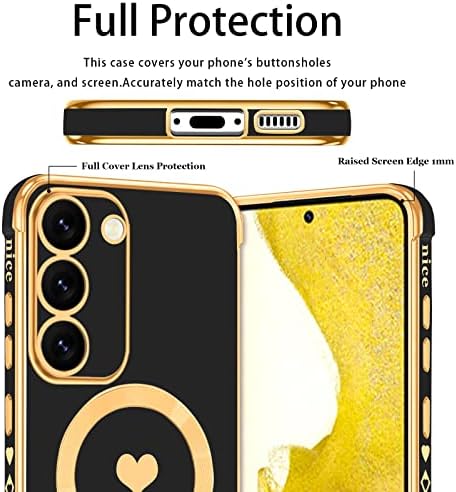 ПРВПЕЛА Симпатична Футрола За Samsung Galaxy S23 - [Компатибилен Со MagSafe] Вграден Магнет Љубов-Срце Луксузни Блинг Позлата Камера Заштитник