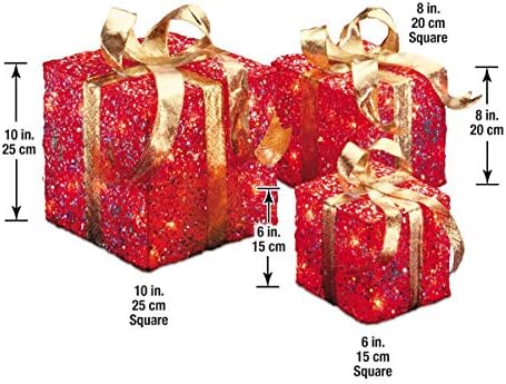 Национална компанија за бело дрво запали вештачки Божиќен декор со 3 парчиња сет вклучува пред-строги светла сисални кутии за подароци, 10x10x10.6