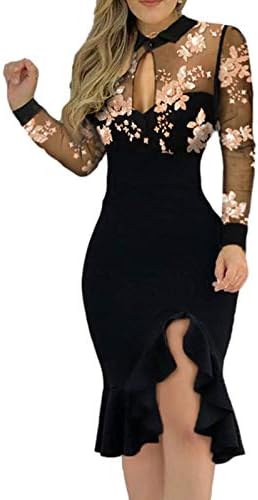 Womenените тенок обвивка фустан со цвет чипка мрежа со долг ракав копче лапел јака страна Сплит руфла миди фустан