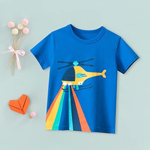 Краток ракав за кратки ракави за момчиња на мали деца, памук обичен хеликоптер и графички екипаж на виножито, летен врвен роденден