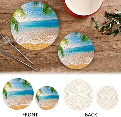 Држачи за тенџере со палма на плажа за кујнски тристери за топли јадења 2 парчиња отпорна на топлина Тркала ткаат Trivet памучна