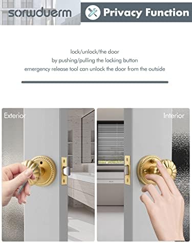 Копчиња за врата од Sorwduerm со заклучување на внатрешно злато приватност сатен месинг на вратата за врата за спална соба и бања,