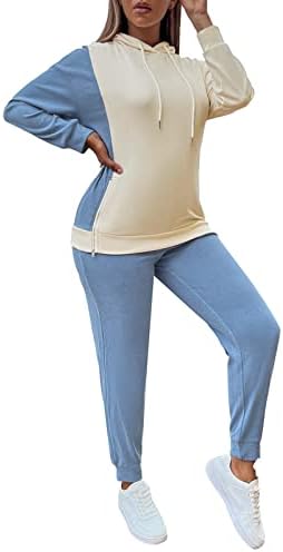 iopqo со долг ракав костум за панталони женски блок во боја 2 парче облека со качулка, џемпери, џемпери долги коктел ромари за