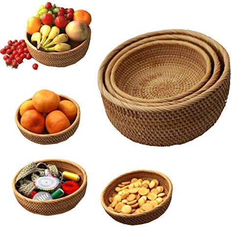 Кошница за леб, рачно изработена ткаена ратан за складирање на ратан, тркалезна чинија за ролни со овошни чипови, сет со 3 големина