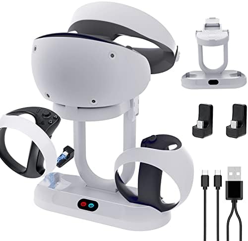 Станица за полнење за PS VR2, двојно пристаниште за брз полнач со држач за држачи VR, држач за приказ, PS VR2 Controller Charger со LED индикатор,