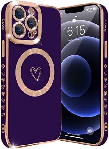 YKCZL Компатибилен со Iphone 13 Pro Max Случај MagSafe, Луксузни Позлата Симпатична Срце Целосна Камера За Заштита На Објективот Магнетно