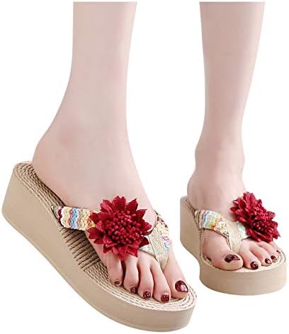 Женски куќи папучи влечки сандали на плажа жени дома дишејќи ткаат клинови чевли цветни флип-апостолки женски сандали летни сандали