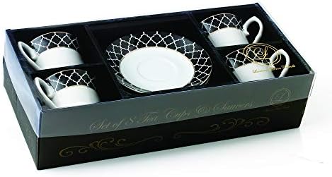 Светски подароци Елегантни издржливи и шарени порцелански чаши чај и чинии сет - црна и златна, 8 мл. Сет од 4