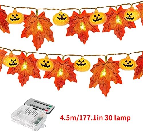 Денот на благодарноста за Ноќта на вештерките за батерии LED LED лисја од лисја од лисја, затворен и украсен декоративен светлосен жица 4,5m 30