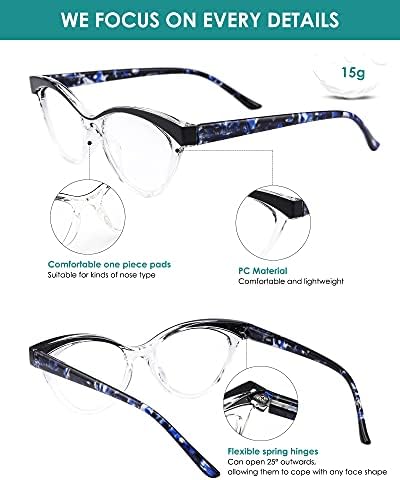 LOICCO 4 пакуваат очила за читање Cateye со пролетни шарки за модни дами читатели за жени +2.0